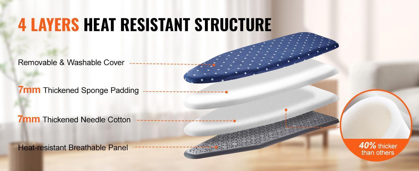 VEVOR Ironing Board with Bottom Storage Tray, Thickened 4 Layers Iron Board with Heat Resistant Cover and 100% Cotton Cover, 10 Adjustable Heights Ironing Board for Home Laundry Room Use (Size 55x15) Accessories Smooth