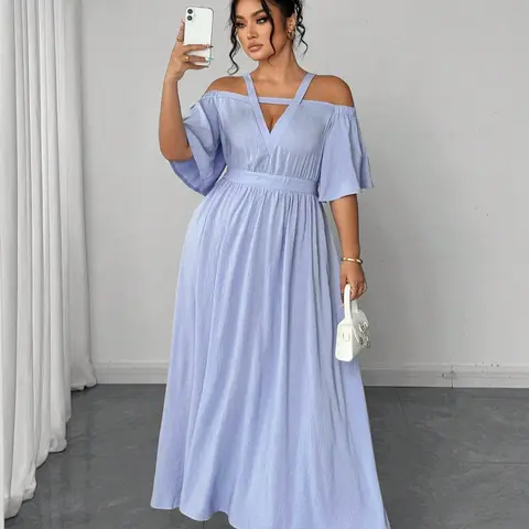 Elegant Plus Size Summer Shirt, One Shoulder Cut Out Design, Cutout, Hollow Out Sleeve, A-Line Hem, Pure Color, Solid, Women's Fashion Top, Womenswear, Casual Dress