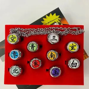 Naruto Ring Anime Red Cloud Konoha Rebel Ninja Headband Shuriken Kunai Combination Set Metal Keychain Pendant