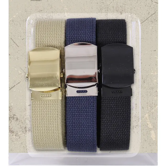 Men's 100% Cotton Canvas Webbing Belts, 3-Pack Military Style with Adjustable Slider Webbing Belt Buckles, 54-Inch Length, 1.25-Inch Width