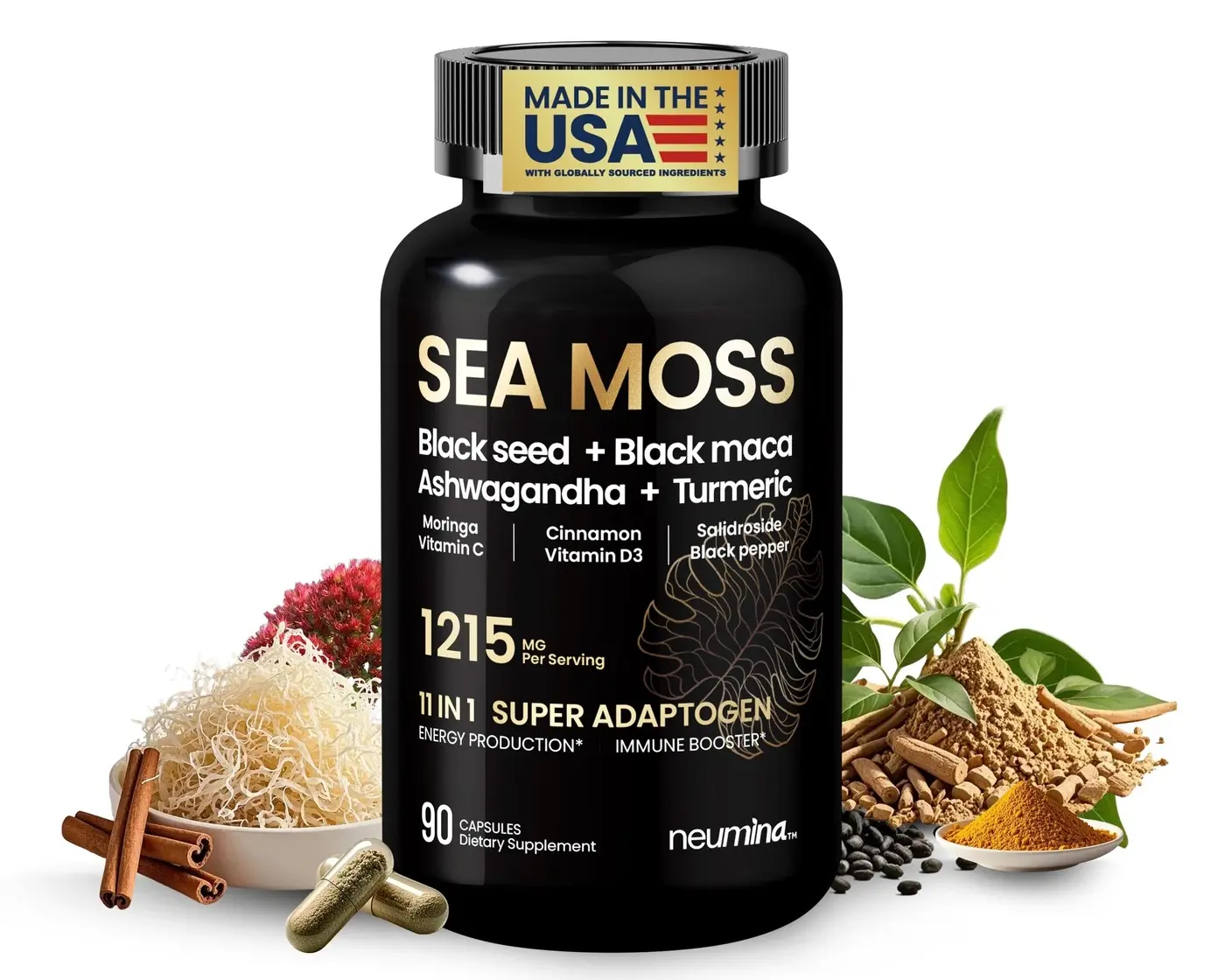 Neumina Sea Moss 1215mg Super Adaptogen Capsules 90 Count High Potency Pure Made in The USA Vegan Powerhouse with Black Seed Maca Ashwagandha & Turmeric Energy Stress Immune Boost