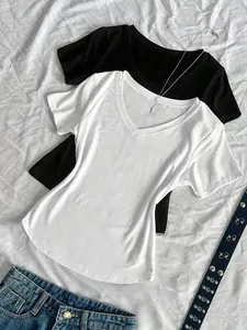 Women's Solid V Neck Tee, Casual Chic Slim Fit Short Sleeve T-shirt for Summer, Ladies Clothes for Daily Wear, Top, Womenswear