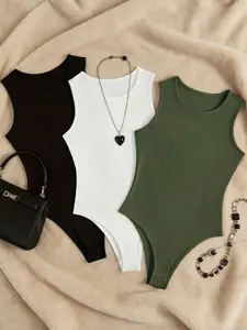 Y2K Style Sleeveless One-Piece, Casual Sleeveless Bodysuit, Soft Ribbed Fabric Three-Piece Set, Pure Color Round Neck Tight Fit, Casual Fashion