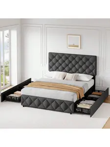 Gaomon Sturdy Bed Frame - Dark Gray Queen/Full Size, Linen Upholstered Platform with 4 Storage Drawers, Adjustable Height Headboard, Diamond Stitched Button Tufted