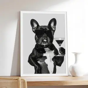 Frenchie Cocktail _ Funny Dog Mini French Bulldog Bar C Decor,Pet & Animal Canvas Print, Minimalist & Neutral-Style Poster, Bedroom Aesthetic Wall Decor.