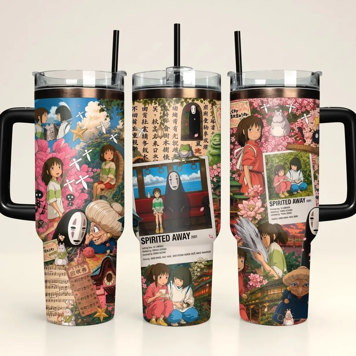 Spirited Away 40oz Insulated Tumbler with Handle | Studio Ghibli Chihiro, Haku, and No Face Travel Mug | Perfect Gift for Ghibli Lovers