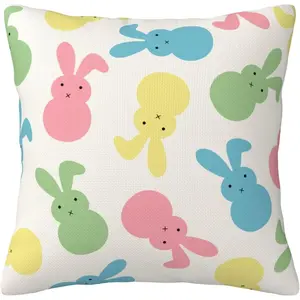 Cute Bunny Pillow Covers, Colorful Rabbit Holiday Throw Pillows Cover, 22x22 Spring Square Linen Cushion Cover Decor for Home Couch Bed