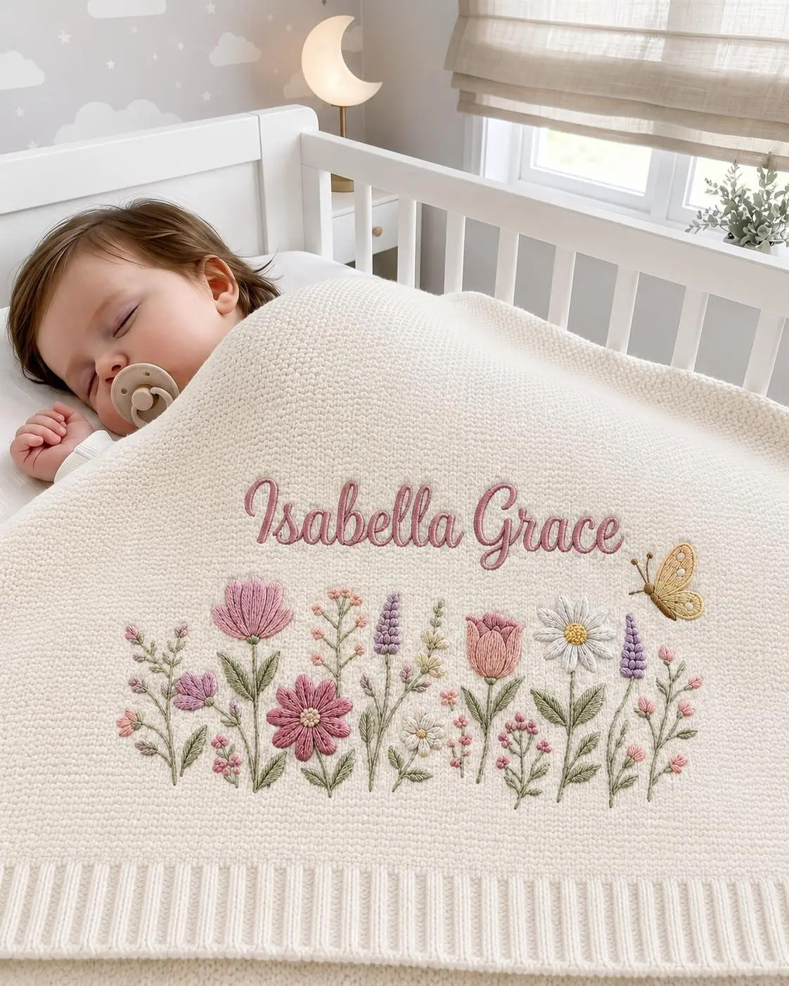 [Made-to-Order] Custom Wildflower Floral Embroidered Knit Baby Blanket, Personalized Flower Newborn Blanket, Gift for Baby Girl, Baby Shower Gift, Nursery Keepsake