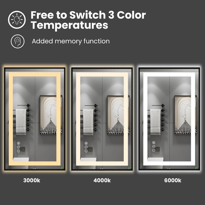 GLITGATE 60"x28" Bathroom Mirror with Lights With Black Framed, Vanity Mirrorr With Front & Back Lights, Stepless Dimmable, Anti-Fog, Shatter-Proof Memory Functin, Double LED Vanity Mirror with Matte and Tempered Glass