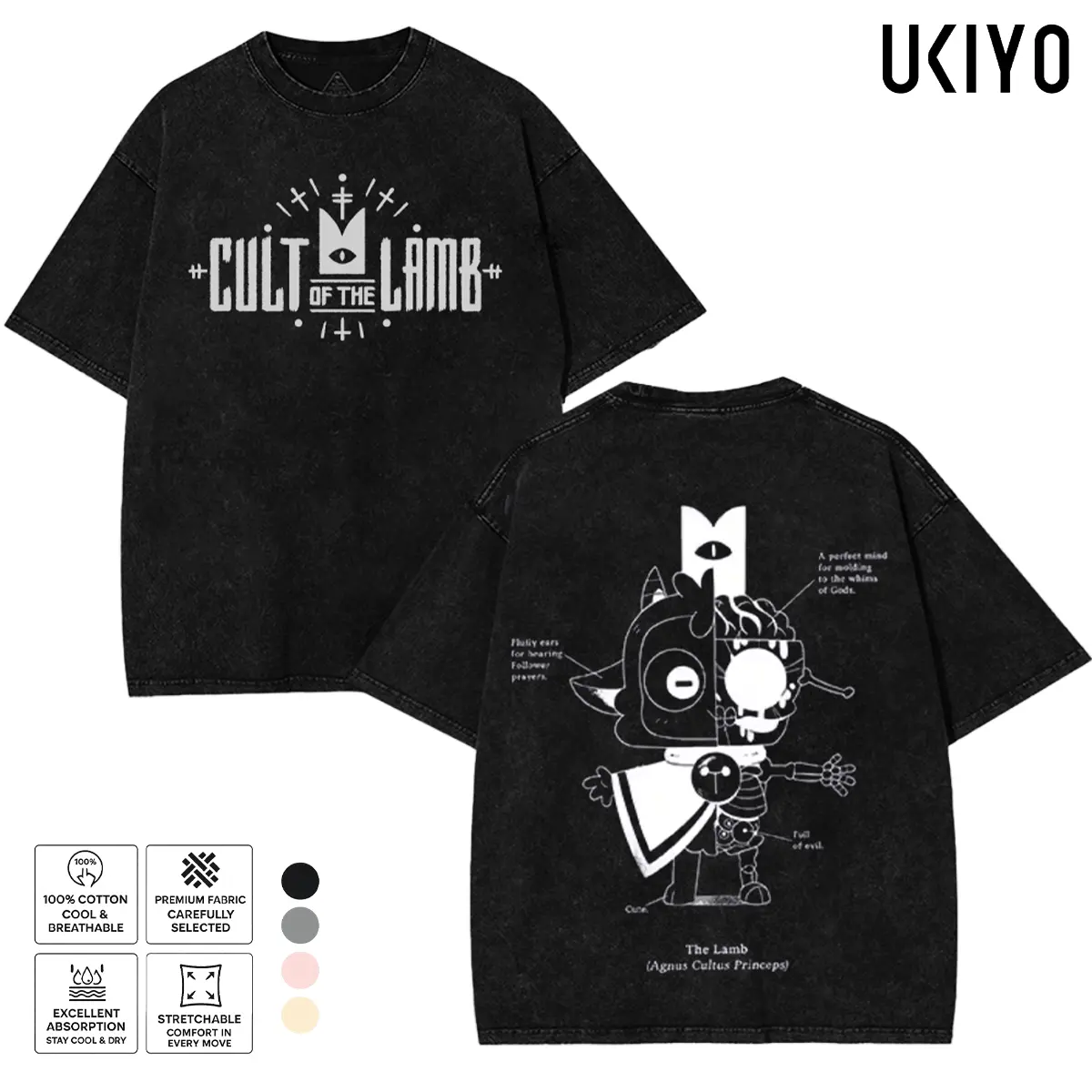 Cult Of The Lamb Graphic Tee Anatomy Blueprint The Lamb Vintage Acid Wash T-Shirt Unisex Heavyweight Cotton Oversized Streetwear Tshirt Occult Merch Clothing