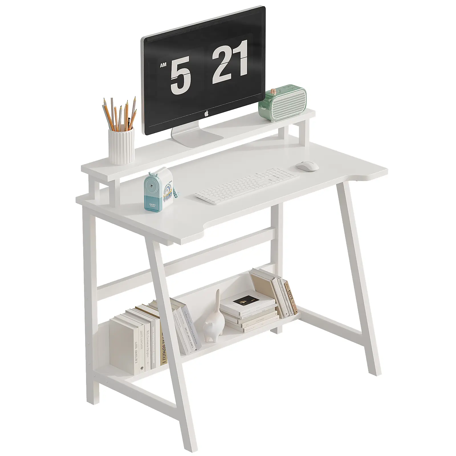 ALISENED Modern Simple Style 31.5" Computer Desk for Home Office with Storage Shelves & Monitor Stand,Sturdy Steel Frame,Open Concept Design Paperwork Visibility