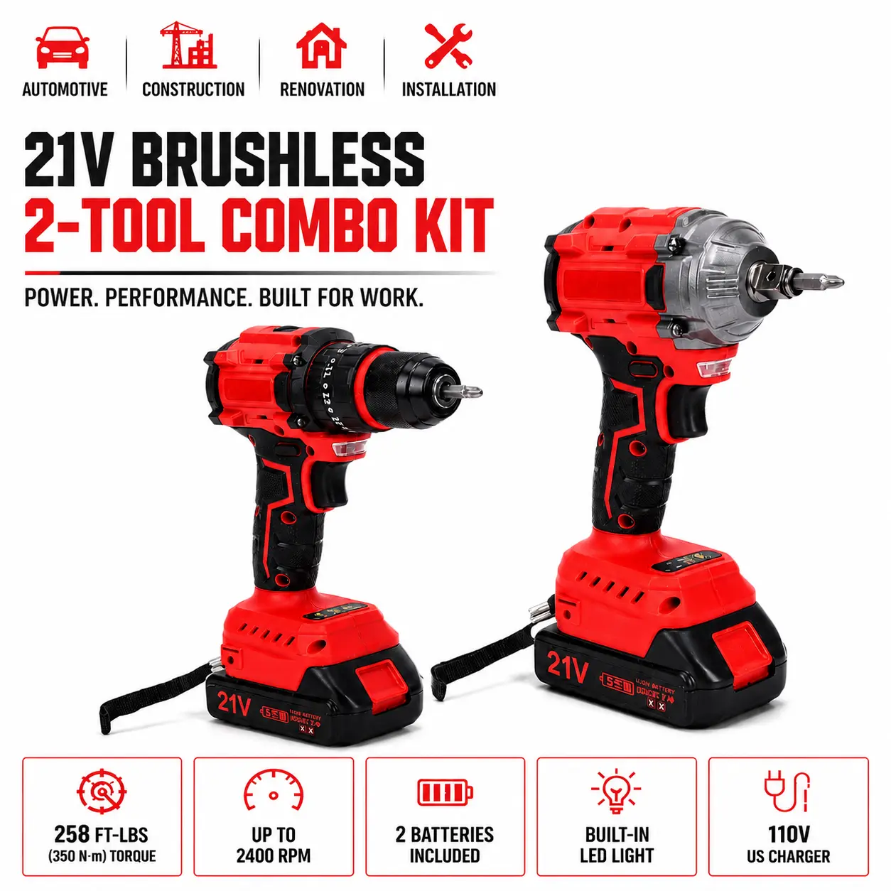 21V Brushless Impact Driver & Drill Combo Kit, 350N·m High Torque Cordless Power Tool Set with 2 Batteries, 2400RPM Drill, LED Light, 110V US Charger for DIY, Automotive Repair, Constr