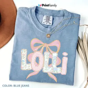 Comfort Colors Floral Lolli Shirt, Spring Tee, Trendy Mom T-Shirt, Women's Flower Lolli Shirt, Pregnancy Reveal Gift, Blue Pink Bow Shirt for Mom - Printfamily
