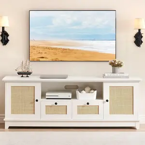 Rattan TV Stand, Boho Entertainment Center for 65 Inch TV, TV Console with 2 Cabinets & Adjustable Shelf, Modern TV Stand with Storage
