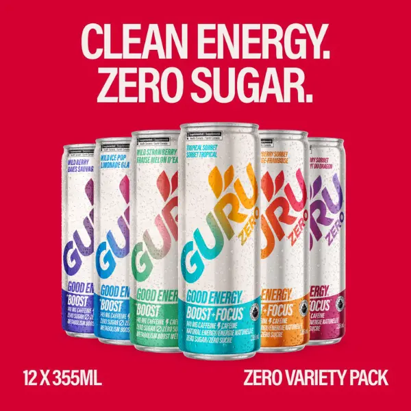 GURU ZERO SUGAR Organic Energy Drinks Variety Pack, Clean Energy Beverage with Plant Based Natural Caffeine from Green Tea, Coconut Water, Prebiotic, Zero Added sugars, Gluten Free and Vegan, Pre Workout, Healthy Drinks, 12oz (Pack of 12)