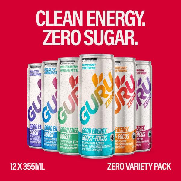 GURU ZERO SUGAR Organic Energy Drinks Variety Pack, Clean Energy Beverage with Plant Based Natural Caffeine from Green Tea, Coconut Water, Prebiotic, Zero Added sugars, Gluten Free and Vegan, Pre Workout, Healthy Drinks, 12oz (Pack of 12)