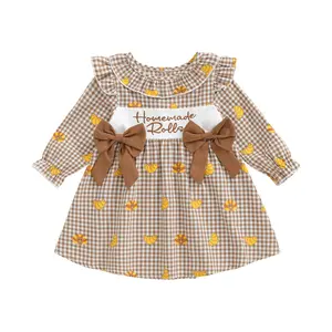 Toddler Girl Thanksgiving Homemade Rolls Smocked Dress Turkey Princess Dress with Bow-Knot Baking Bread Fall Clothes