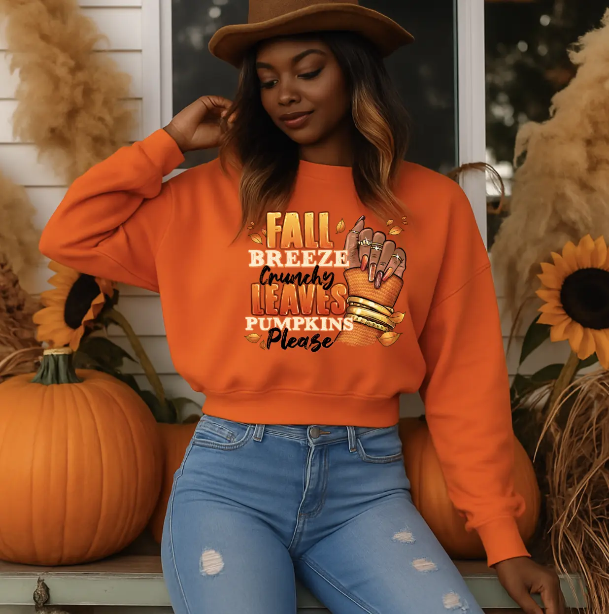 11 inch Fall breeze crunchy leaves pumpkins please Transfer, Single Print or 4 pack