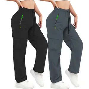 Women’s 2-piece set of casual cargo pants with a sporty style, featuring zippered pockets. These pants feature stylish large pockets and include an elastic waistband with adjustable drawstring for tightening; they are slim-fit long pants suitable for casu