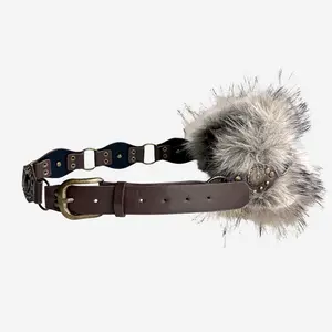 Brown Boho Fur Pompom Belt – Y2K Western Rope Style with Bronze Hardware, Festival Statement Accessory for Women