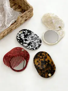 Portable Acetate Oval Mirror Comb, Anti-Static Wide Tooth Hair Brush, Sliding Cover, Detangling Hairbrush, Suitable for Daily Use and Outdoor Carry, Anti Tangle Brush, Hair Grooming Brush