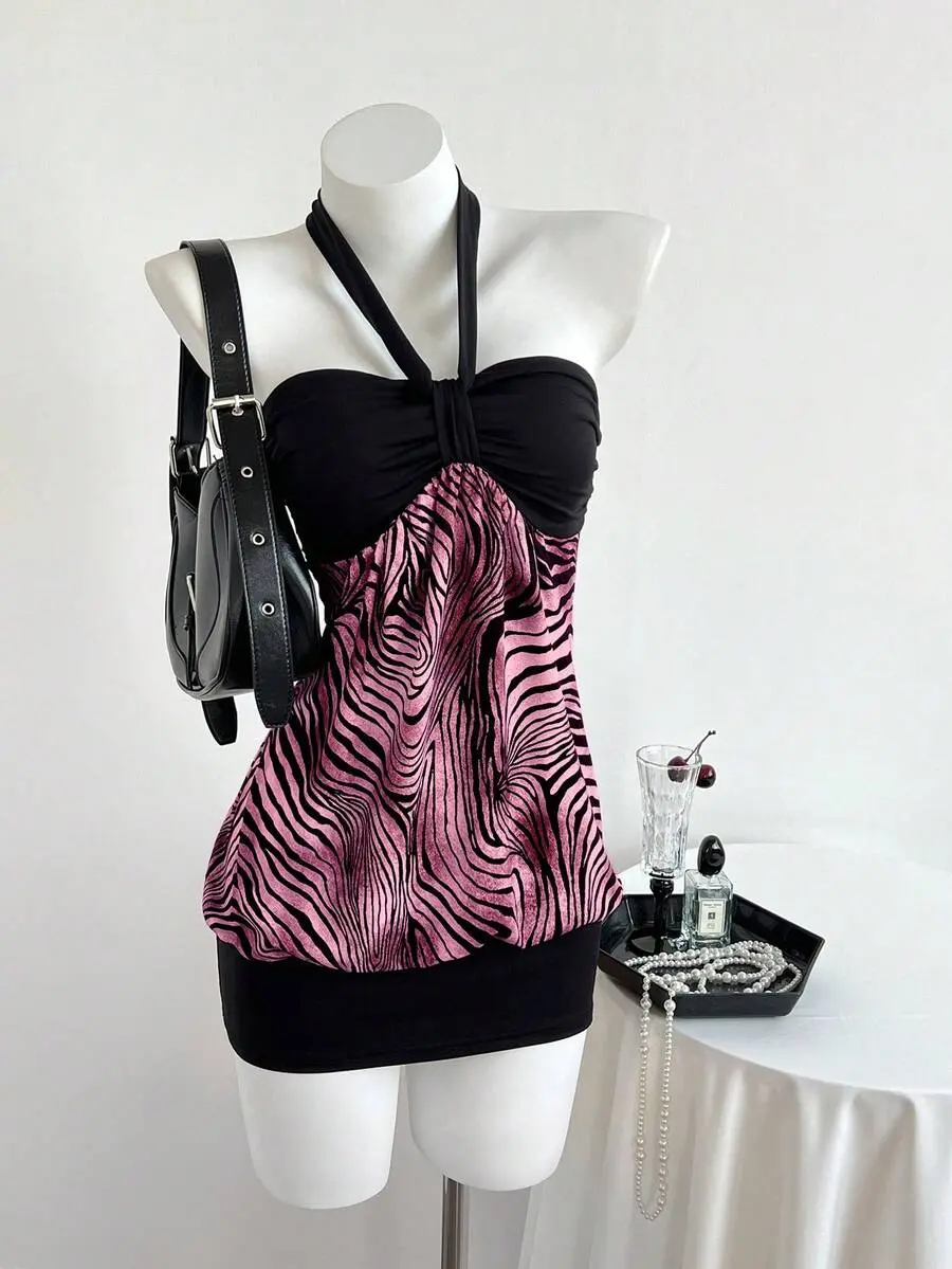 SEELEN Knitted Fabric Halter Mini Cami Dress For Women Hot Pink Textured Pattern Sexy Style