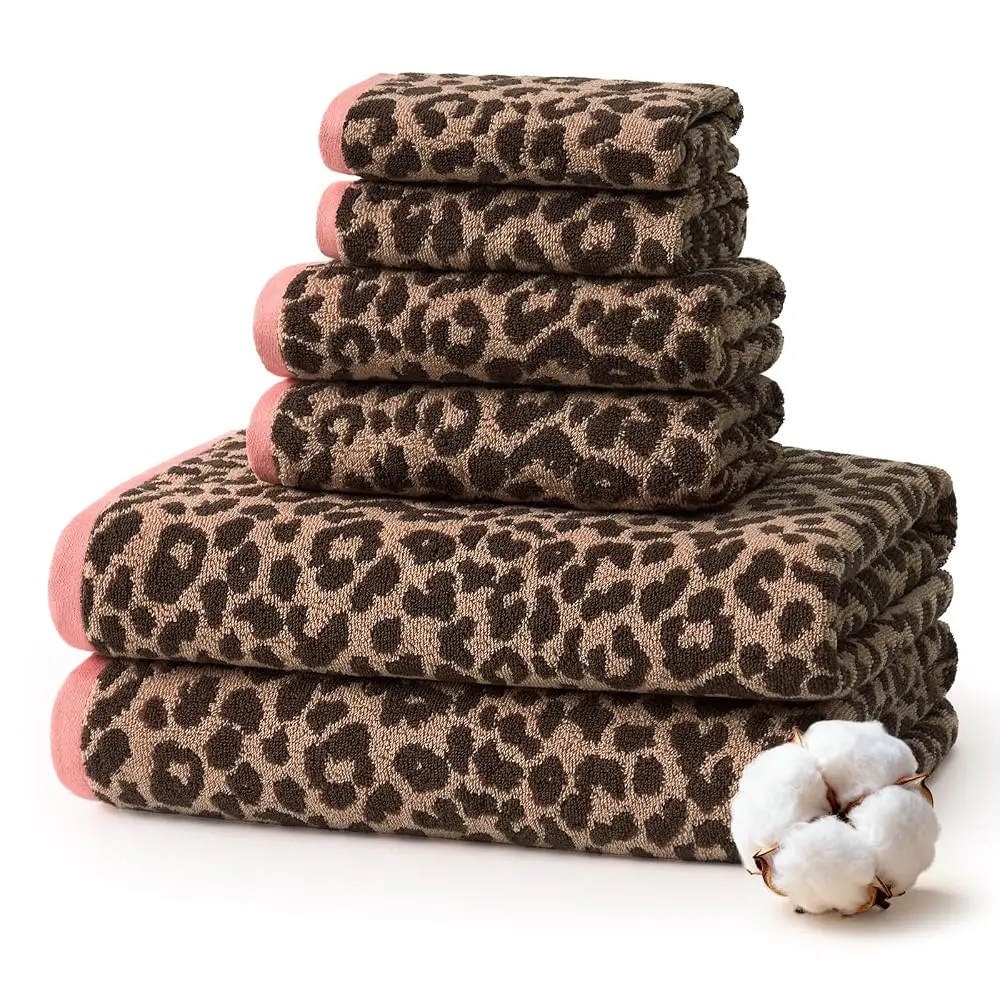 REDKISS Leopard Print Towel Set of 6,100% Cotton Bathroom Towels,Quick Dry & Absorbent,2 Bath Towel, 2 Hand Towel, 2 Washcloth-Dark Brown