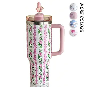 40oz Printed Stainless Steel Tumbler with Handle and Straw, Insulated Travel Mug for Adults, Leak Proof Lid, Keeps Drinks Cold Up to 12 Hours, Ideal for Outdoor Sports, Travel, Camping and Daily Use