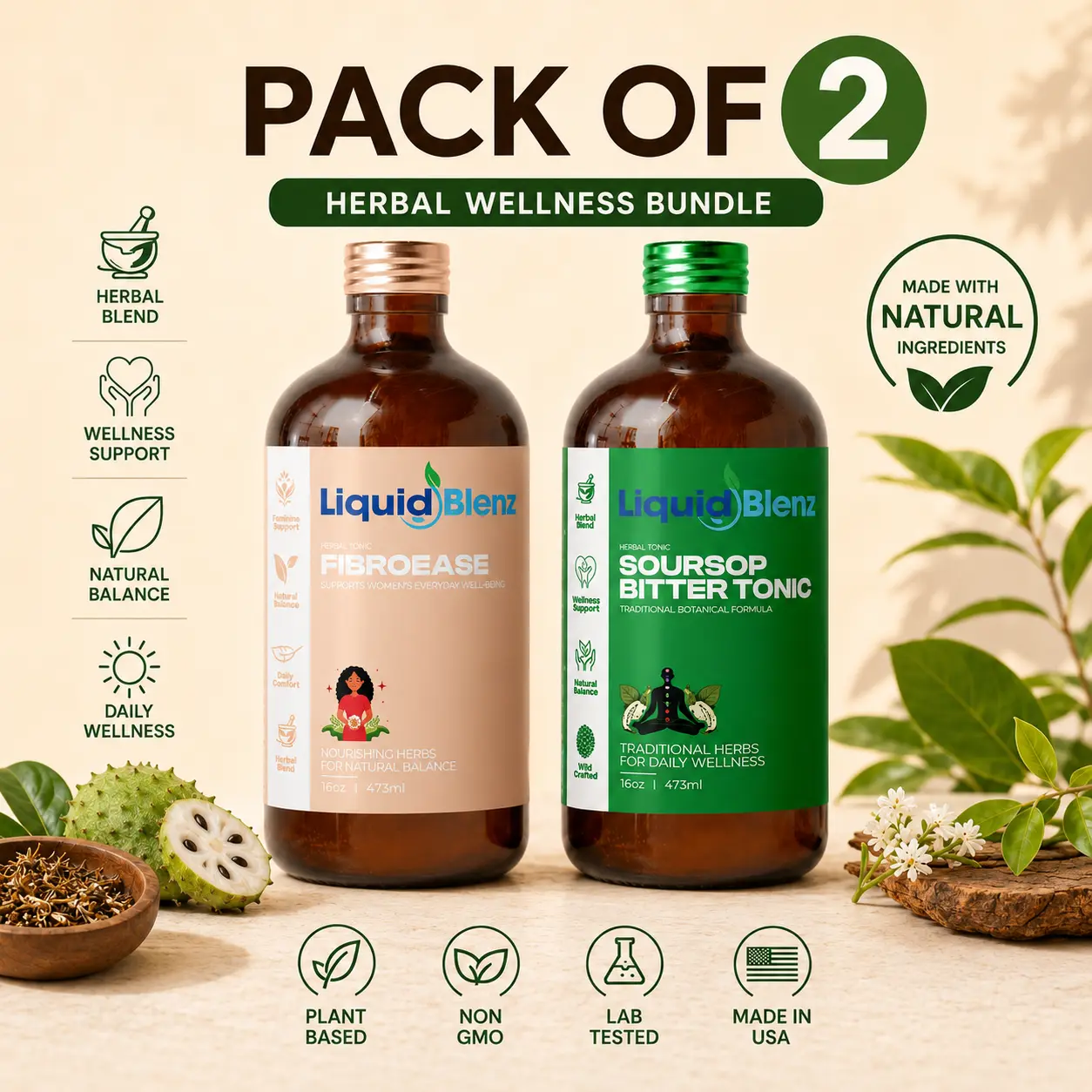 LiquidBlenz Soursop Bitters & FIBRO-EASE Women's Herbal Tonic Duo - Soursop Leaf, Chasteberry, Dong Quai & Turmeric | Daily Women's Wellness Support (2x 16 oz)