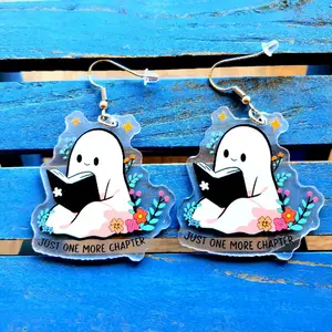#40 Just One More Chapter Ghost Earrings – Cute Acrylic Bookworm Ghost Dangles, Floral Spooky Reading Earrings