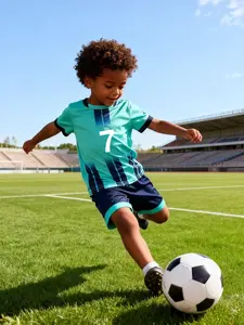 Boys' Football Printed Jersey Set, Blue Color Block Design, Breathable Sports Training Soccer, Two-Piece Suit, Soccer Jerseys