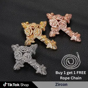 4:00 AM 3D Rose Cross Zirconia Pendant, Copper Couple Fashion Accessory Jewelry Inspired by Hip Hop Culture