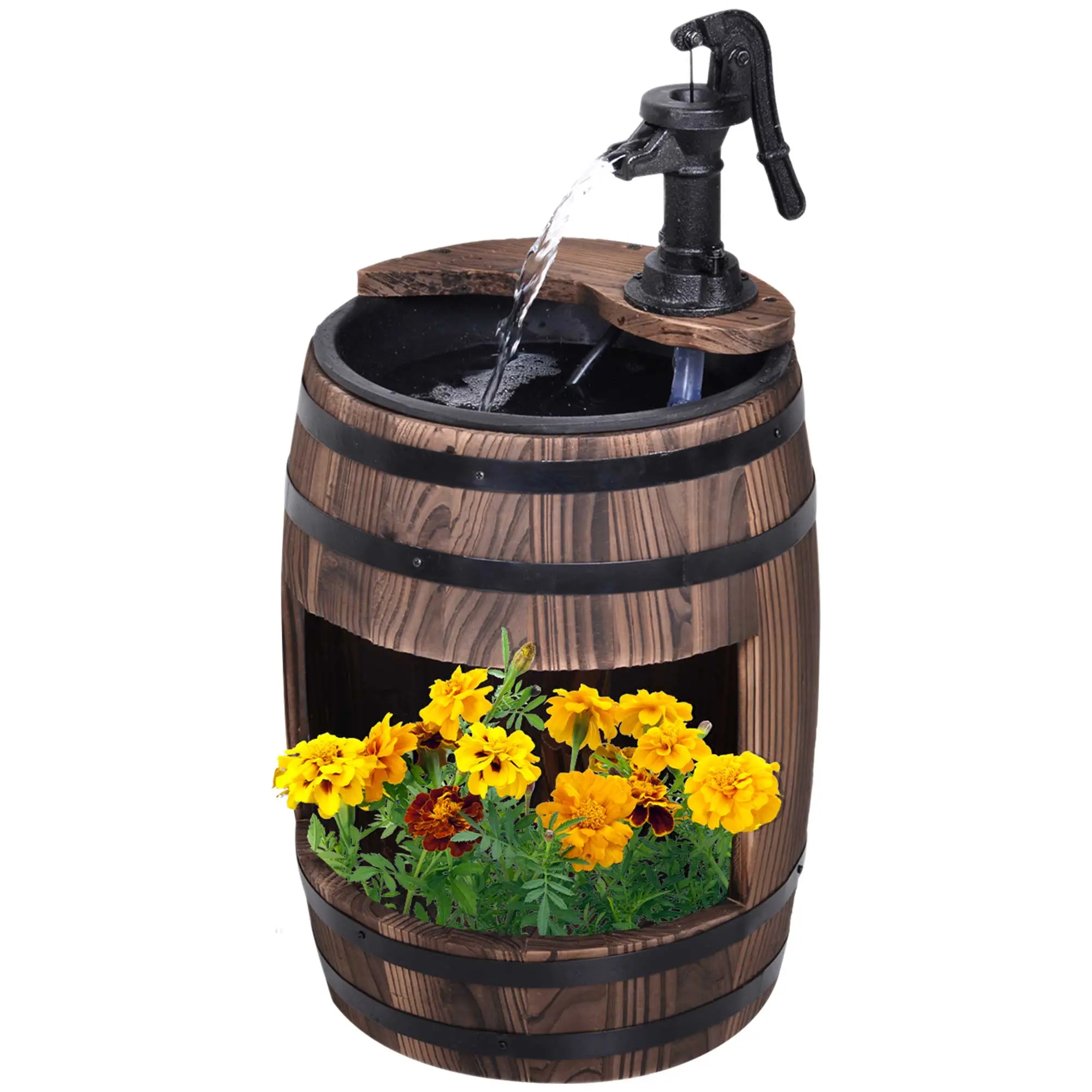 23" Outdoor Water Fountain – Rustic Apple Barrel Pump. 2-in-1 Fountain & Planter. Natural Fir Wood + Steel Frame. Independent Circulation. Adjustable Flow