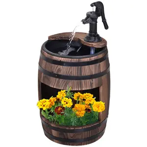 23" Outdoor Water Fountain – Rustic Apple Barrel Pump. 2-in-1 Fountain & Planter. Natural Fir Wood + Steel Frame. Independent Circulation. Adjustable Flow