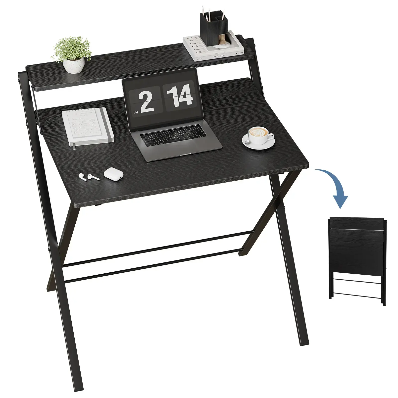 Folding Laptop Desk with Monitor Shelf, 2-Tier Foldable Writing Table, Space-Saving Indoor Furniture Workstation for Bedroom & Dorm Setup