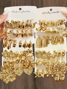 18/36pcs Women's Fashion Hoop Shape Earrings, Dangle Hoop Earrings, Vintage Elegant High-Quality, Threaded Teardrop Square Flower Ear Rings Set, Perfect for Daily Wear