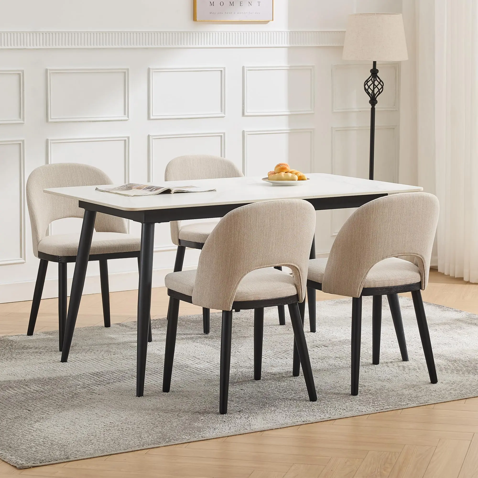 Garvee Wooden Dining Chairs Set of 4,Upholstered Kitchen Dining Room Chairs with Curved Backrest and Wood Leg,Modern Fabric Farmhouse Dinner Chair for Restaurant/Cafe,Beige