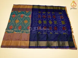Soft Silk Pattu Saree, All-Over Pochampalli ikkat Design, Contrast Color Blouse