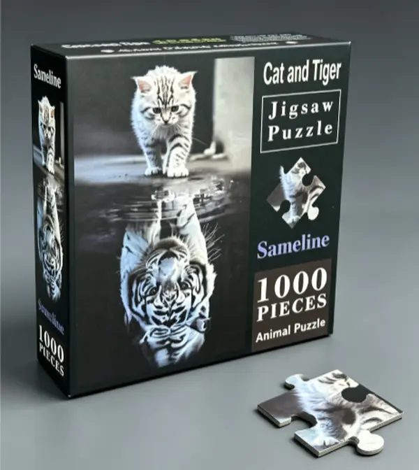 Sameline Cat and Tiger Jigsaw Puzzle 1000 Pieces, Kitten & White Tiger Water Reflection Animal Puzzle for Adults, Wall Decor Hobby Gift