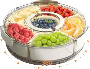 Divided Serving Tray with Lid and Handle, Stackable Snackle Box Container for Fruits Candy Organizer, Portable Spinning Rounded Veggie Tray for Kitchen, Party, Trave and Picnic-Large 12''
