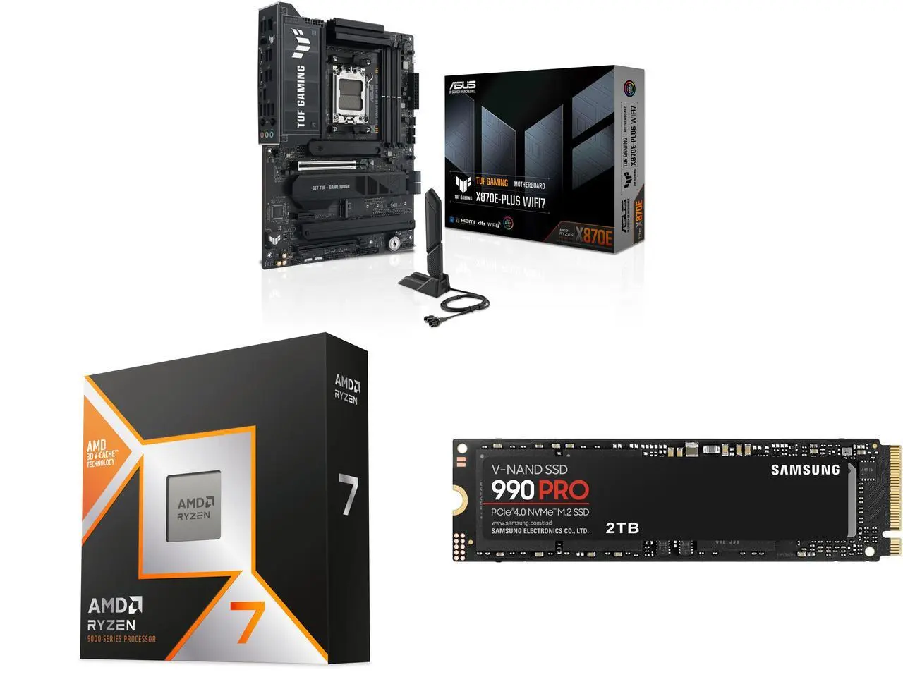 ASUS TUF GAMING X870E-PLUS WIFI7 ATX Motherboard, 16+2+1 80A Power Stages, DDR5, PCIe 5.0, 4 M.2 Slots, WiFi 7; AMD Ryzen 7 9800X3D 8-Core 5.2 GHz; SAMSUNG 990 PRO 2TB SSD, PCIe Gen4, 7,450MB/s, Non-Heatsink