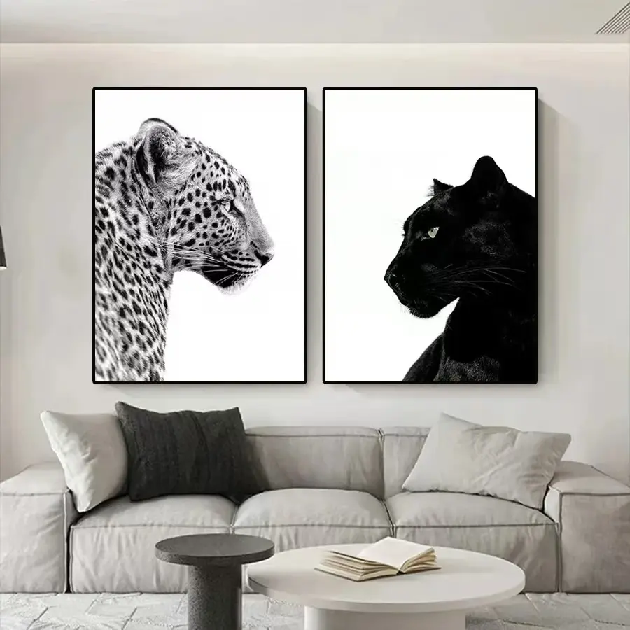 2pcs Large Black and White Leopard Animal Prints Wall Art Paintings, Canvas Art and Prints for Walls, Posters Home Decor for Living Rooms, Bedrooms Frameless Canvas Paintings