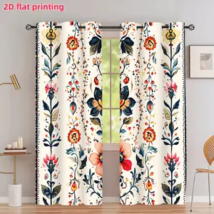 2D Flat 2Pcs Folk Art Floral Printed Curtains, Vibrant Botanical Patterns, Grommet Top, Semi Sunshade, Elegant Window Treatment For Living Room, Bedroom, Kitchen, Balcony, Office, Decor, Anti Privacy