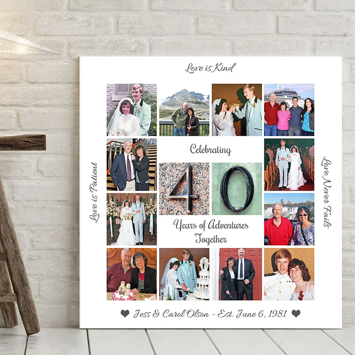 40th Anniversary Photo Collage Canvas Wall Decor Wood Frame