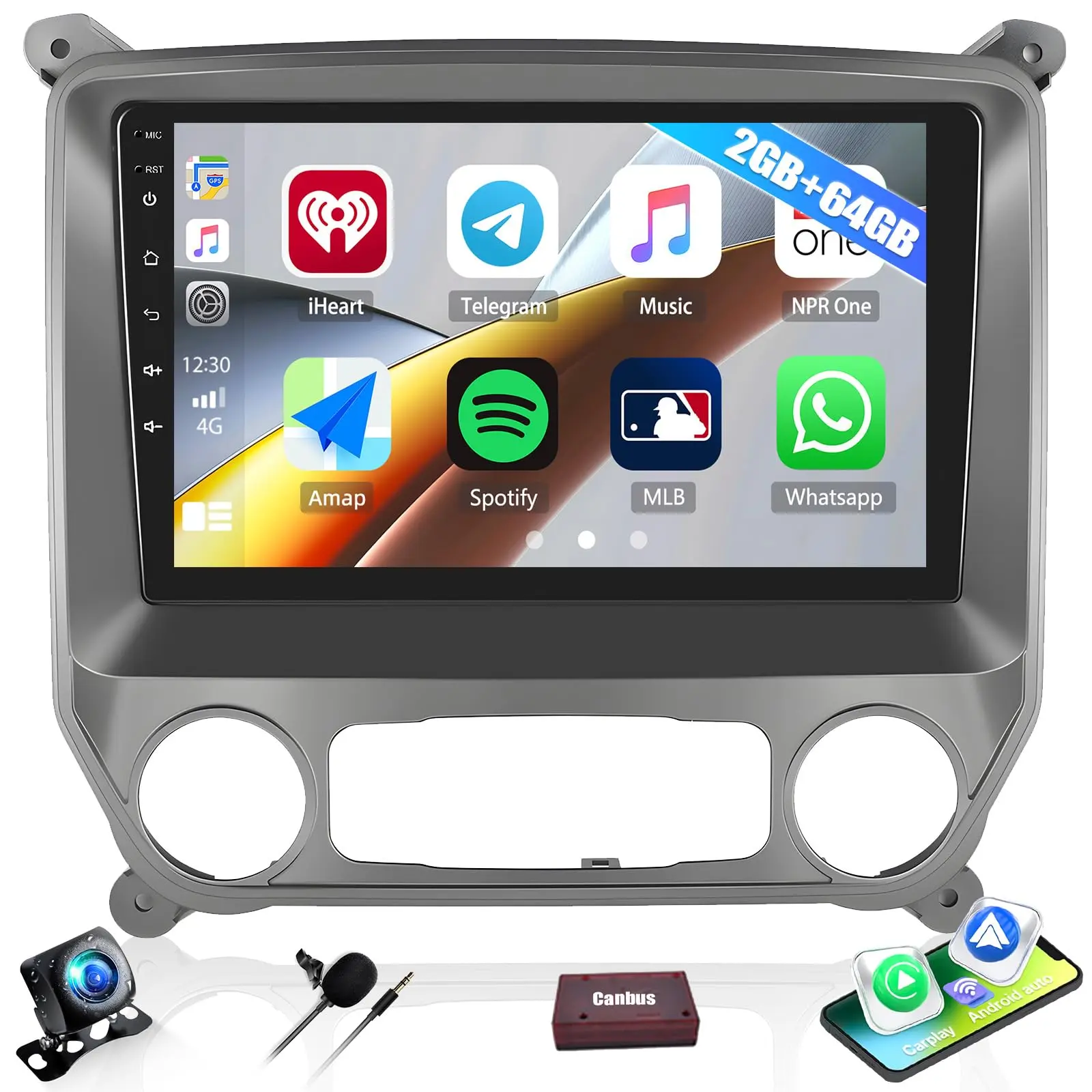 2G 64G Android Car Stereo for GMC Sierra 1500 / Chevy Silverado 2014-2018 with Wireless CarPlay Android Auto, 9" Touch Screen Car Radio with GPS Navigation Bluetooth FM/RDS WiFi Backup Camera
