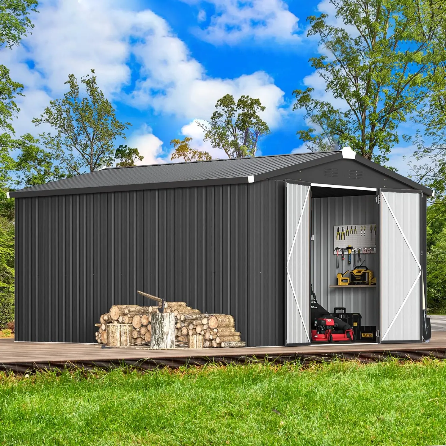 【3 Packages arrived at different times】10' x 14' Outdoor Storage Shed – Heavy-Duty Steel Utility Shed with Lockable Doors for Backyard, Garden & Tools