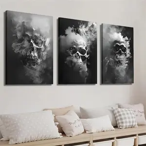 2D canvas, 3-piece skull and smoke canvas art prints - black and white horror with pine wood frame, perfect for Halloween, living room, bedroom or office decoration, living room decor | Skull decoration | Wooden frame art, skull decoration (wrapped canvas