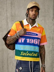 Men's Casual Retro Stripe Polo Shirt, 90s American Style "NY 1968" Color Block Top, Multicolor Gradient Print Polo, Ideal for Streetwear, Daily Wear, Retro Outfits, Versatile Outfits #springsaledeals2026 #summeroutfits #poloshirts #retroprint