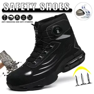 Men's high-top steel-toe non-slip sports work shoes, equipped with a rotary knob lacing system, made of breathable mesh material, featuring lightweight, insulating, anti-smashing and anti-stabbing properties.Footwear