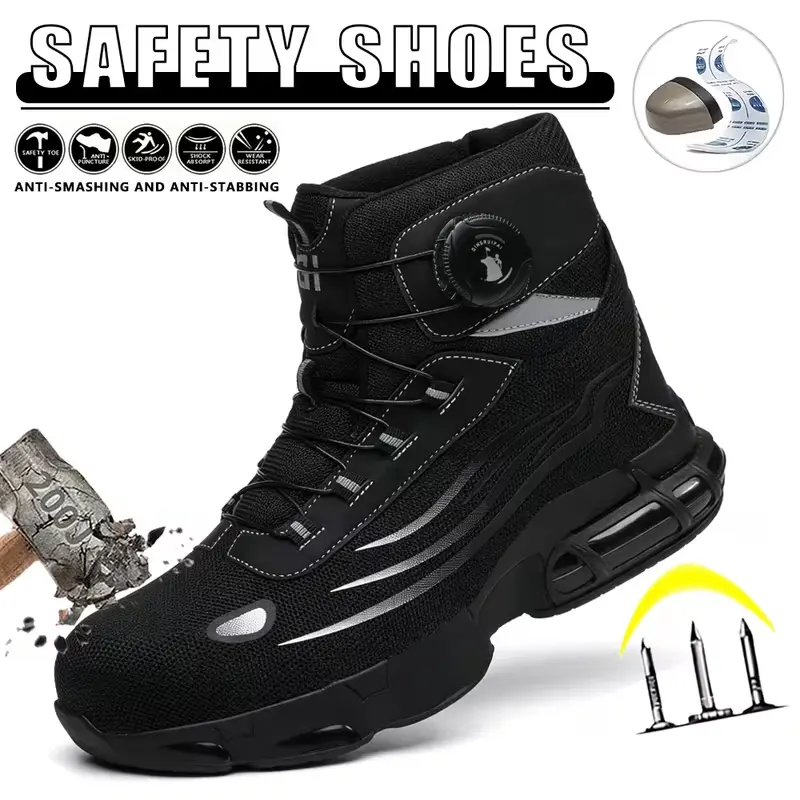 Men's high-top steel-toe non-slip sports work shoes, equipped with a rotary knob lacing system, made of breathable mesh material, featuring lightweight, insulating, anti-smashing and anti-stabbing properties.Footwear